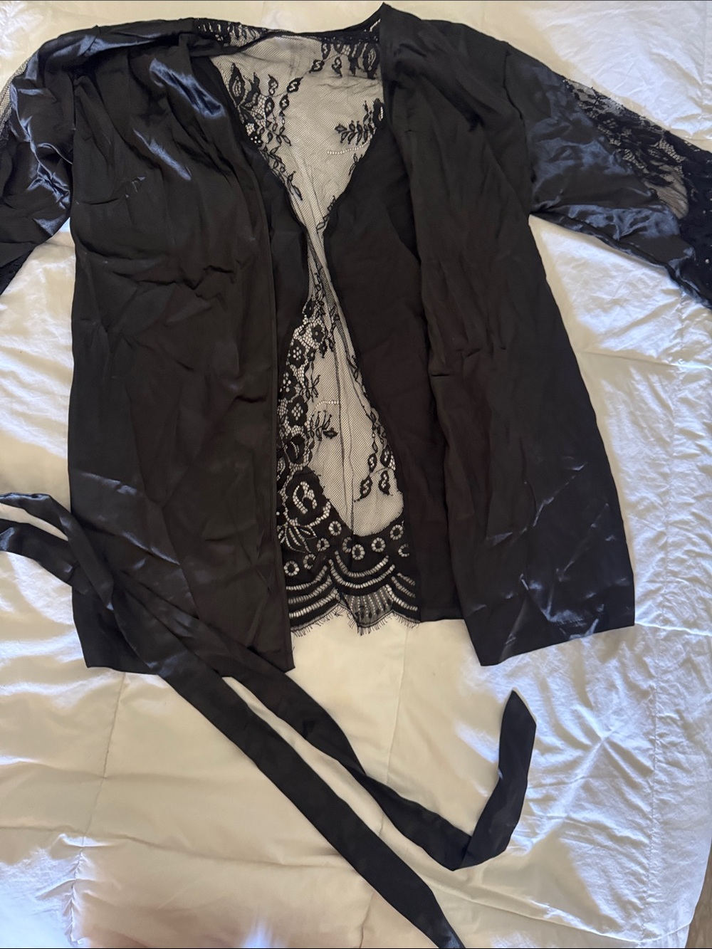 Black Lace-Back Satin Kimono Cardigan
